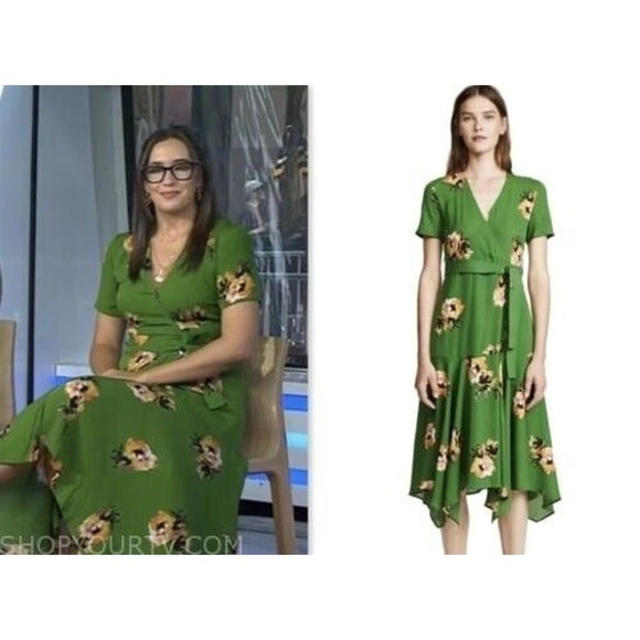 A.L.C. 100% Silk Cora Wrap Dress Green Floral Tie V-Neck SS Women's Size 4 ALC - Picture 14 of 16